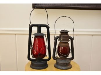 Pair Of 'Dietz' Antique Train Lanterns With Red Glass Globes