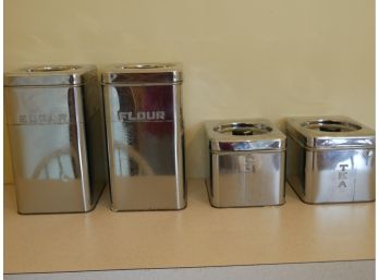 Vintage Chrome Canister Set Including Coffee, Tea, Sugar, And Flour