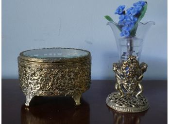 Beautiful Brass Filagree Jewelry Box With Matching Vase