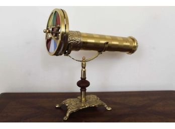 Vintage Brass Two Wheel Stained Glass Kaleidoscope On Stand