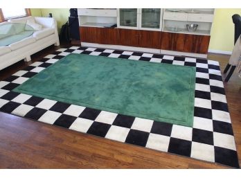 Large Green Rug With Checkerboard Outline 142 X 107 In