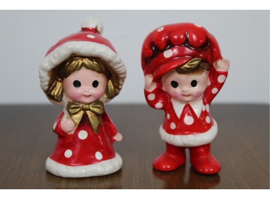 Vintage Red Polka Dot Christmas Girl And Boy Inarco Japan Figurines