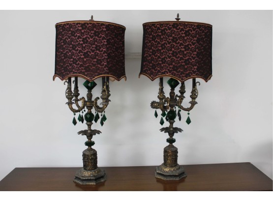 Vintage Pair Of Green Drop Crystal Brass Lamps (Read)