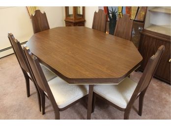 MCM Walnut Veneer Dining Table With 6 Inlaid Chairs (Read)