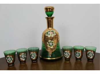 Italian Hand Painted Green & Gold Flower Drinking Glass Set