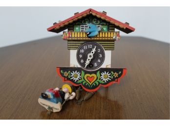 Vintage Miniature German Cuckoo Clock With Girl On Swing