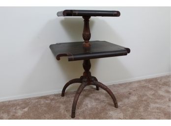 Spider Leg 2 Tier Accent Table With Leather Bounded Top & Detailed Carved Legs
