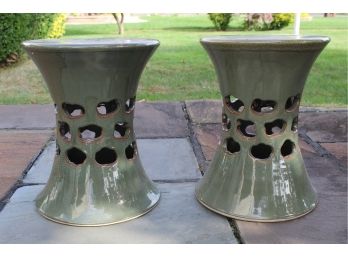 Pair Of Smith & Hawken Ceramic Outdoor Garden Stools     13.5 Diam X 18H