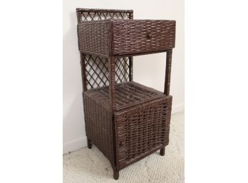 Brown Wicker Side Table With Drawer & Cabinet     12W X 12D X 28H