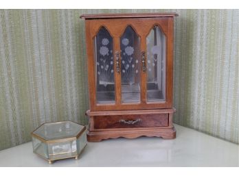 Etched Glass Jewelry Box & Armoire
