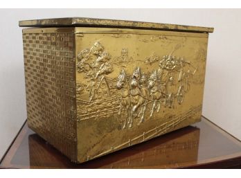 Vintage Brass Coal Box With Horse Drawn Carriage Relief Scene