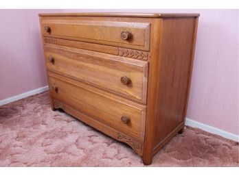 Vintage Carved Oak Chest Of Drawers    44W X 19D X 34H  (Item Upstairs, Bring Help To Remove)