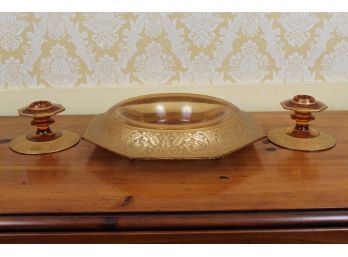 Amber & Gold Decorated Bowl & Candle Holders