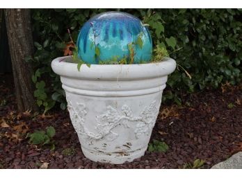 Pair Of Flower Pots With Blue/Green Gazing Globes (View Photos)