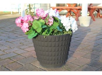 Pair Of Black Flower Pots With Artificial Pink/White Flowers