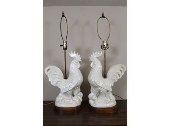 Pair Of White Rooster Lamps With Wood Bases (No Shades)     21 Height