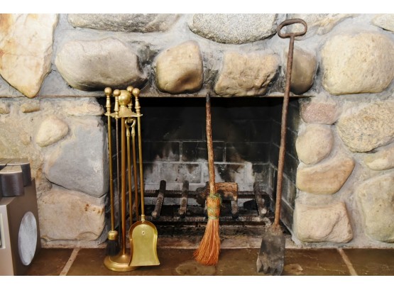 Fireplace Tools With Old Broom And Grate