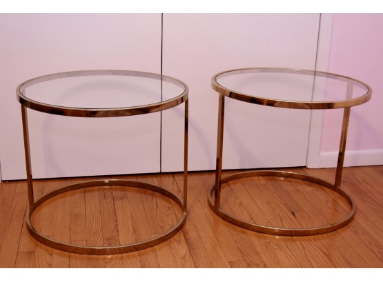 Pair Of MCM Brass And Glass Top Side Tables 24 X 20