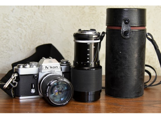 Vintage Nikon SLR Camera And Lens With Case