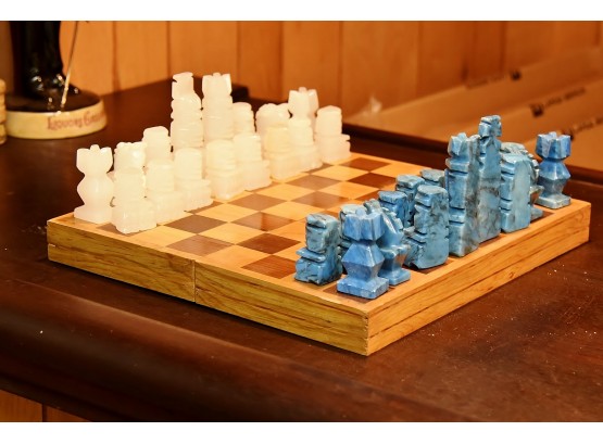 Marble Aztec Chess Set With Portable Folding Board