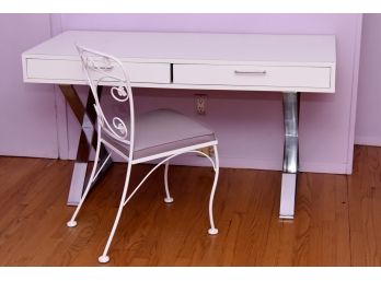 Modern White And Chrome Desk With Chair 54 X 24.5 X 28.5