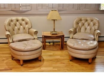 Pair Of Hancock And Moore Leather Nailhead Side Chairs With Matching Ottomans