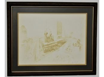 Early Drawing Of The Building Of The World Trade Center Artist Signed 25 X 21