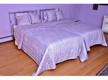 Two Chrome Headboard Single Beds With Mattress And Bedding