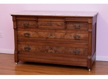 Antique Carved Walnut With Marble Top Dresser With Pop Out Top Drawers