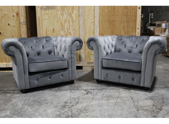 Pair Of Large Gray Suede Tufted Accent Chairs 43W X 29H X 35D