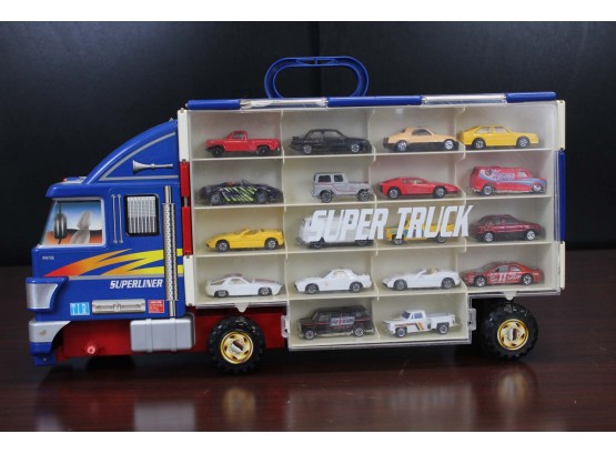 Collection Of Toy Cars In Super Truck Carrying Case
