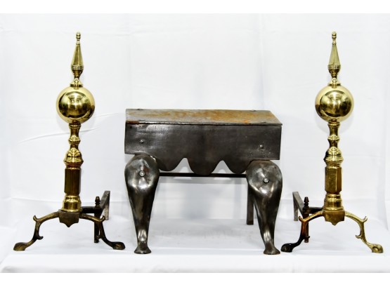 Antique Brass Andirons And Metal Fireplace Stool