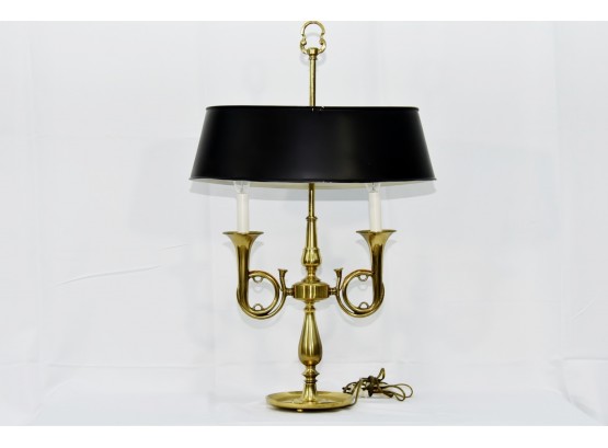 Vintage Dual Brass Horns Tole Shade Table Lamp