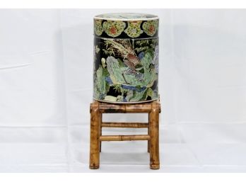Antique Asian Birds Of Paradise Covered Ginger Jar With Stand