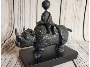 Faceless Rider On Rhino Signed Sculpture