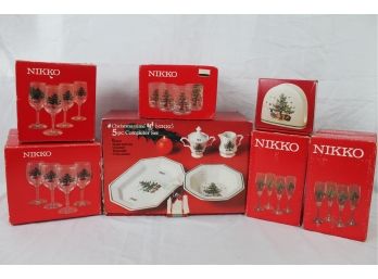 Nikko Christmastime Platters, Sugar & Creamer, Drinking Glasses, Napkin Holder