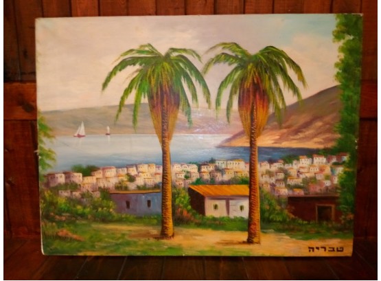 Vintage Judaica 'Tiberias' Oil On Canvas Painting 18 X 24
