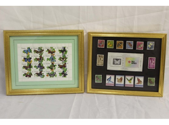 Pair Of Framed Butterfly Postage Stamps 9 X 11'