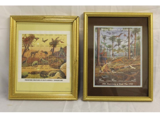 Set Of 2 Framed Prehistoric Creatures & Reptiles Postage Stamps 9 X 11'