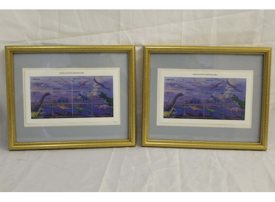 Pair Of Framed Cretacuous Dinosaurs Postage Stamps 9 X 11'
