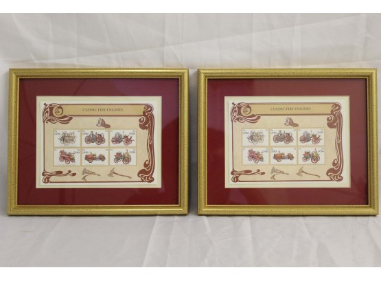 Pair Of Framed Classic Fire Engines Postage Stamps 9 X 11'