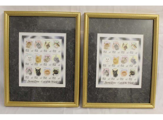 Pair Of Framed Cats Postage Stamps 9 X 12'