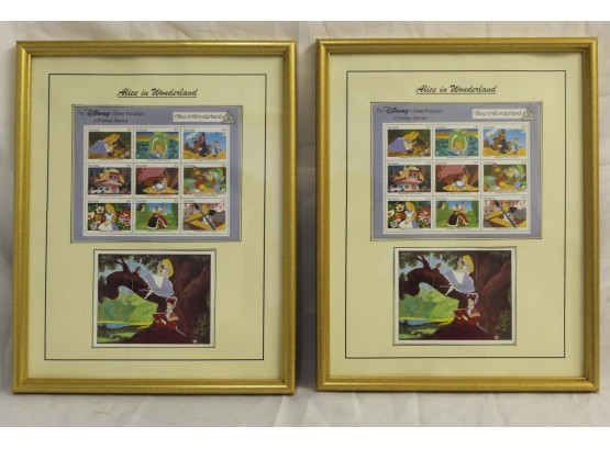 Pair Of Framed Disney Alice In Wonderland Postage Stamps 12 X 15'