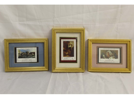 Set Of 3 Framed 'Paintings From The Louvre' Postage Stamps 5 X 8'
