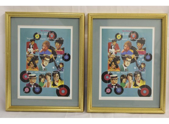 Pair Of Framed History Of Rock & Roll Postage Stamps 9 X 12'