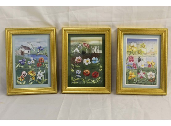 Set Of 3 Framed Flowers Postage Stamps 1 - 6 X 8'