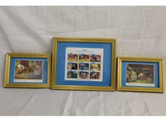Set Of 3 Framed Disney The Great Mouse Detective Postage Stamps 6 X 8' & 9 X 11'