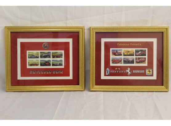 Framed Mercedez Bens & Ferrari Postage Stamps 9 X 12'