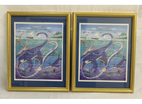 Pair Of Framed Prehistoric Monsters Of The Pacific Postage Stamps 9 X 12'
