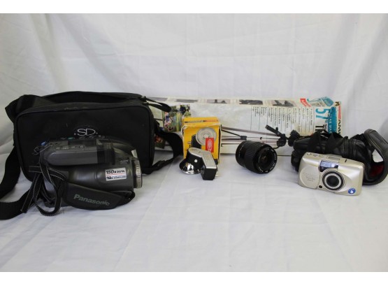 Camera Lot Including Panasonic Video Camera, Tripod, Kodak Supermite Flash, Samyang Lens, Olympus Camera